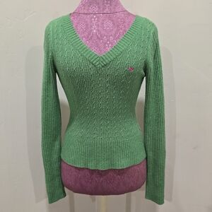 Aeropostale Y2K Green Cable Knit Sweater V-neck Preppy Size M